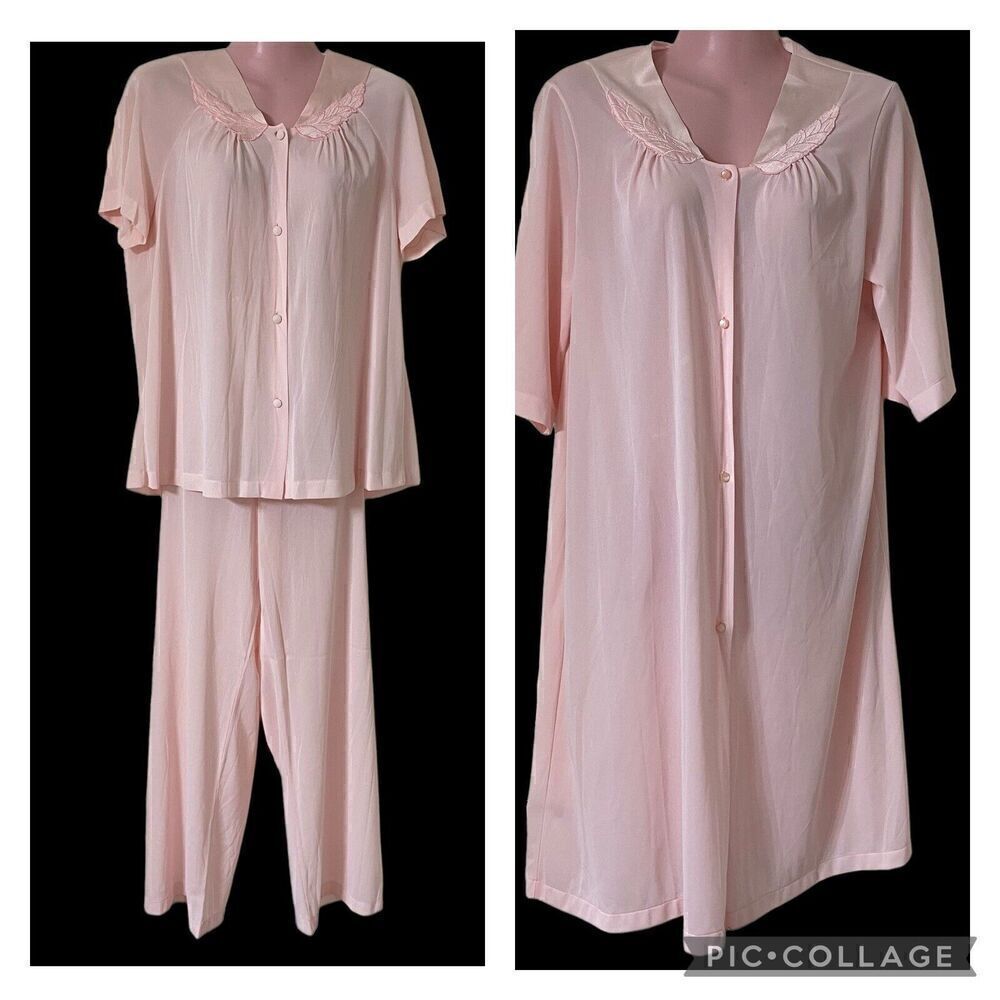 Vintage Vassarette 3 Piece Pajamas with Robe Set Women's Medium Pink Nylon